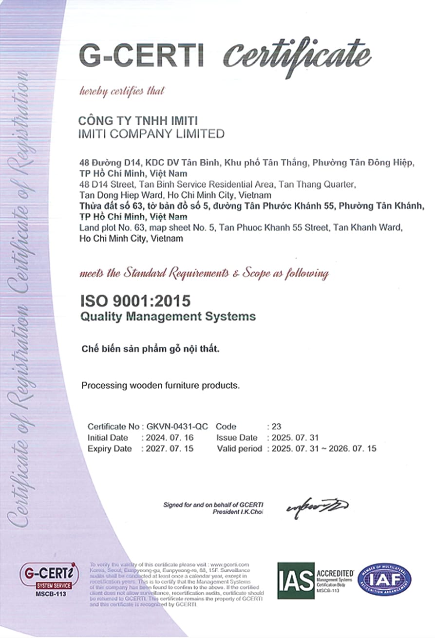 ISO 9001 furniture manufacturing certification