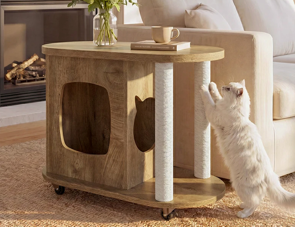 Wooden cat house furniture integrated into an end table