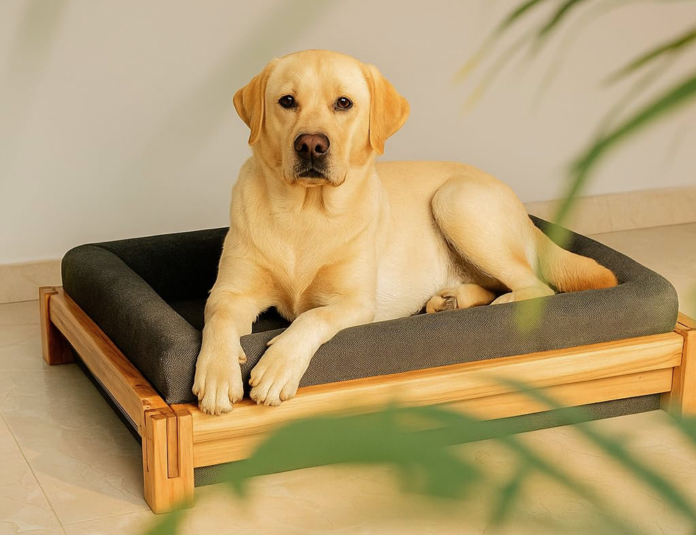 Modern wooden dog bed with furniture-inspired frame and cushion