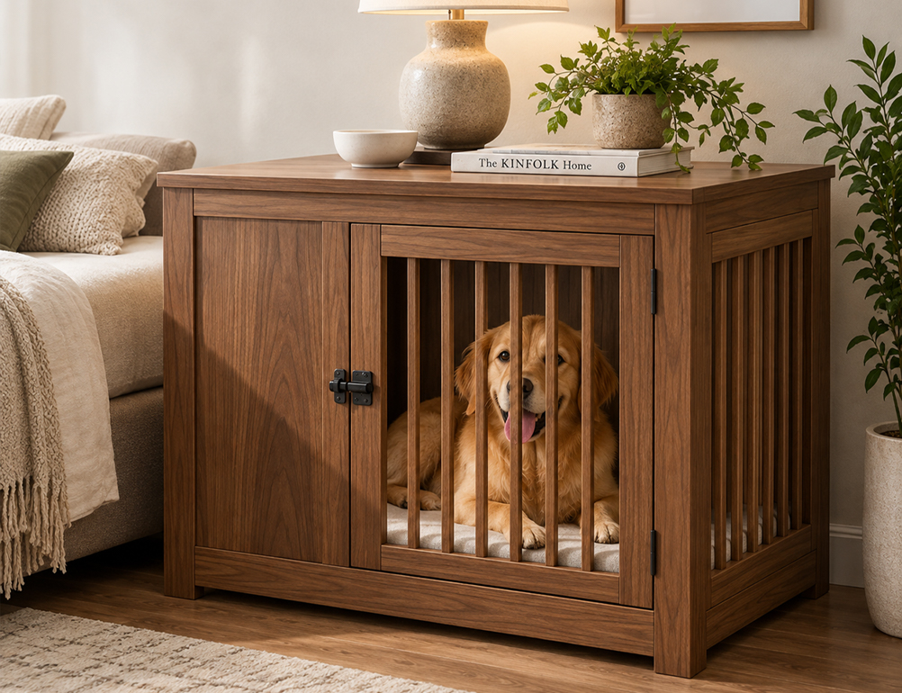 Wooden dog crate furniture designed as a multifunctional end table