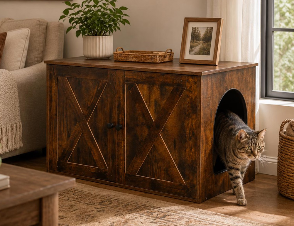 Wooden litter box enclosure cabinet combining storage and cat litter concealment