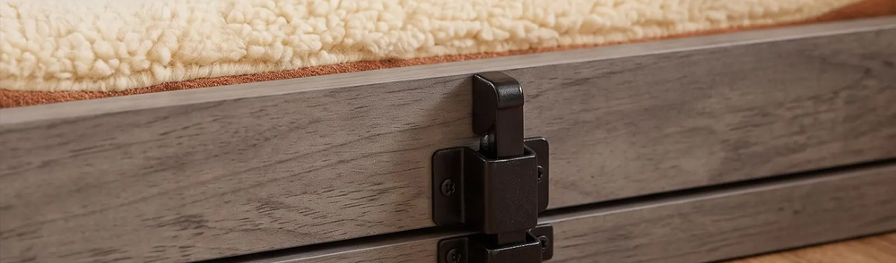 Wooden pet furniture ventilation slats and integrated pet enclosure design