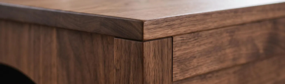Close-up of precision wooden furniture joinery and finishing details