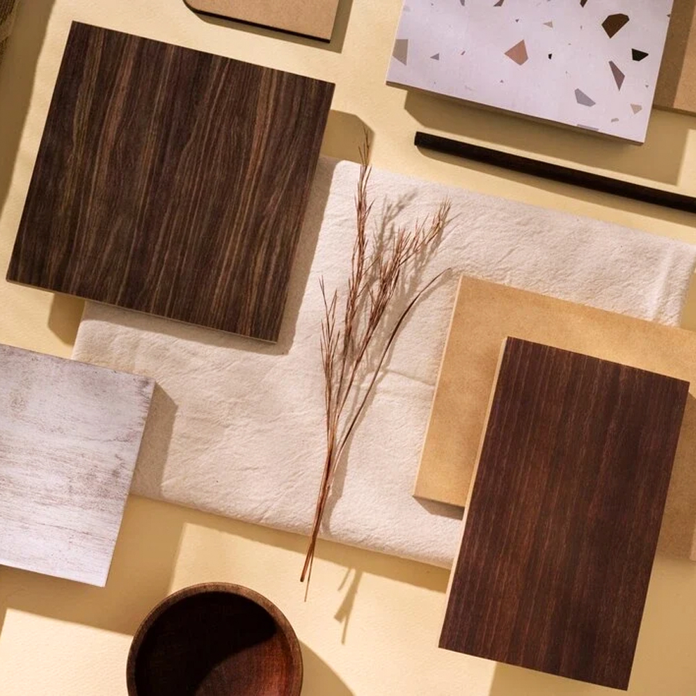 Wood and wood-based panel materials, natural finishes and joinery samples for custom wooden pet furniture manufacturing